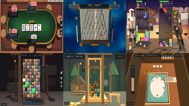 All six mini-games at once: the poker table, the Coin Drop pegboard, a Skirmish duel, the mining grid, the lumber frame and a plate in the sink