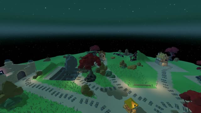 Cradle Rock seen from above: the whole island, its buildings and trees, floating in the dark