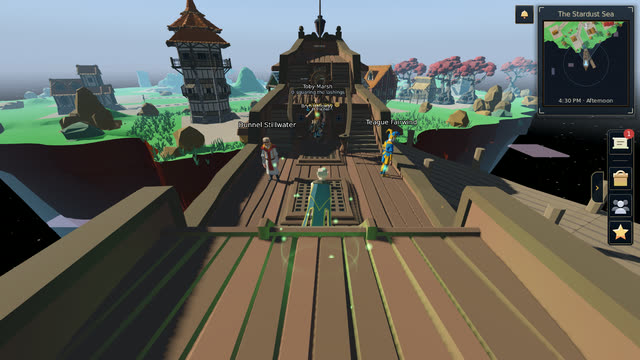 The deck of a ship under way past a floating island, named crew at the helm and squaring the lashings