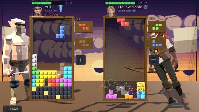 A Skirmish duel on a sunset deck: your falling-block board on the left, Hollow Sable's on the right, both fighters standing beside their boards