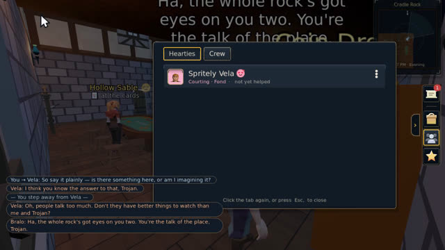 A conversation with an islander in the tavern, her name and standing shown beside what she is saying