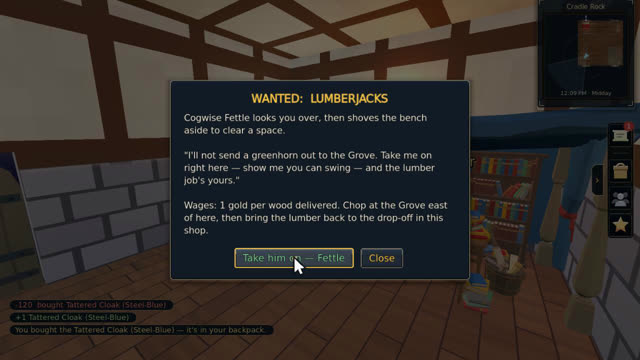 A Wanted: Lumberjacks notice at the market. Cogwise Fettle wants you to show you can swing before he gives you the job