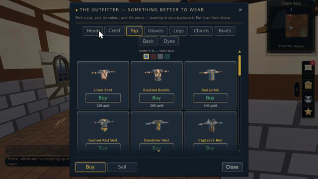 The Outfitter window: shirts and vests with prices in gold, a Steel-Blue dye swatch selected