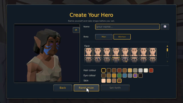 Create your hero: the character stand with face, hair and beard pickers